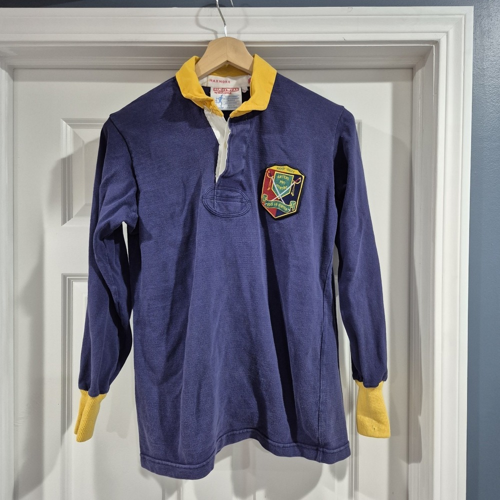 Vintage Maxmore Rugby Shirt Mens 40 Blue‎ Collegiate Henley Varsity Crest Preppy